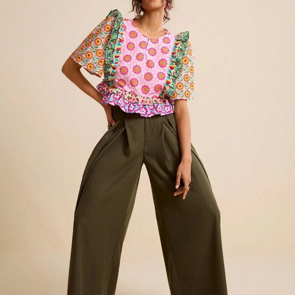 Multicolor Boho Women's Floral Patchwork Cropped Blouse with Ruffle Hem - Picture 1 of 6